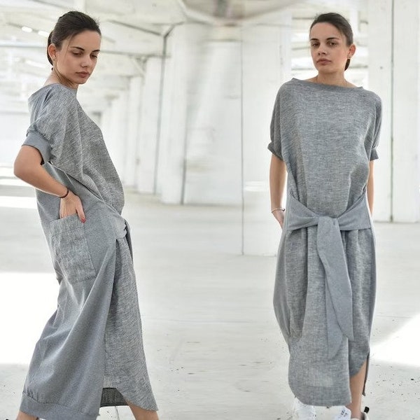 Linen Dress, Avant Garde Clothing, Fal Linen Dress, Belt Dress, Linen Clothing, Loose Dress, Plus Size Dress, Maxi Dress, Women Clothing