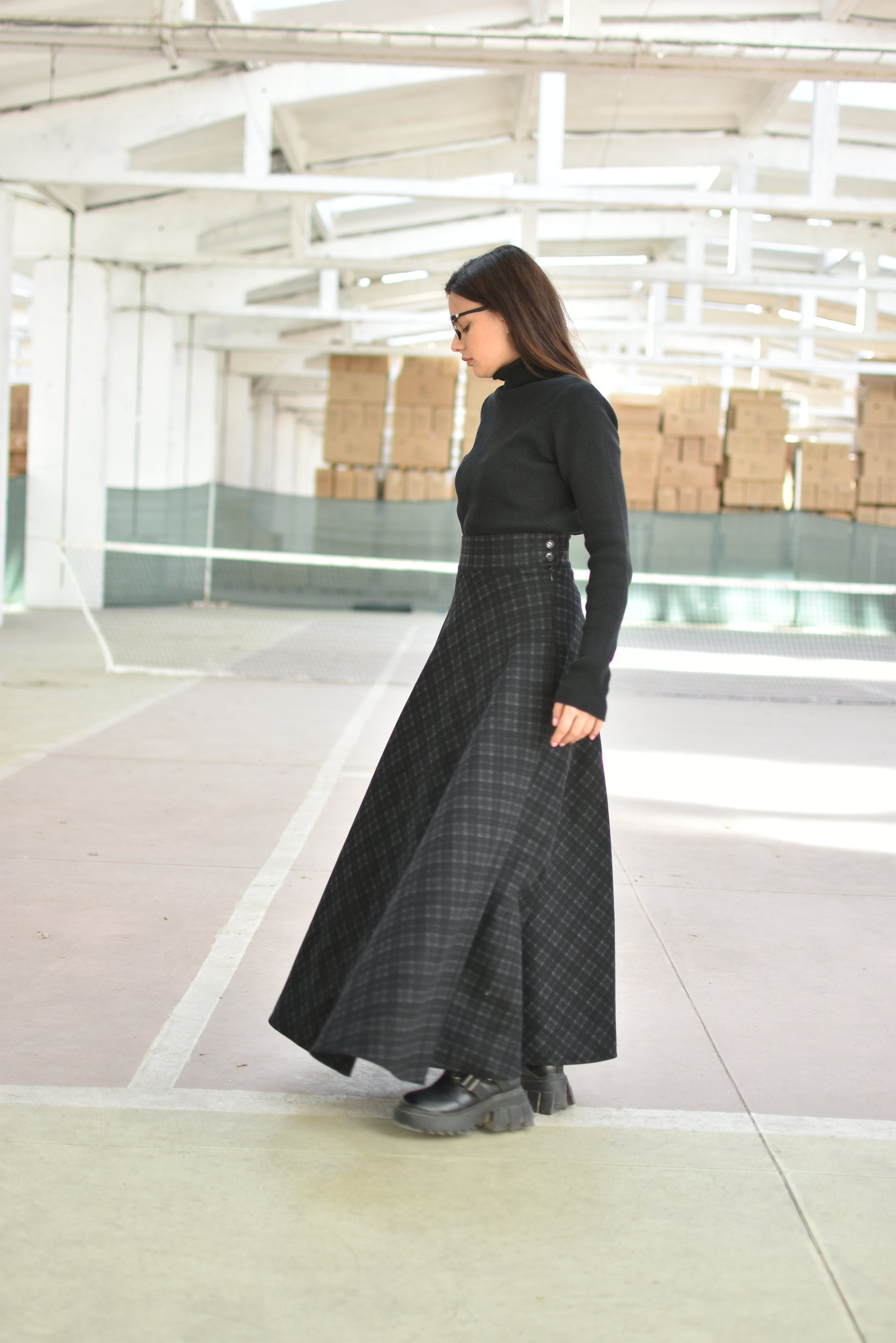 High Waist Plaid Maxi Skirt, Dark Gray Skirt, Long Winter Skirt