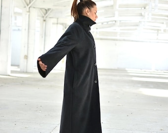 Dark Gray Winter Maxi Coat, Funnel Neck Wool Outerwear, Long Warm