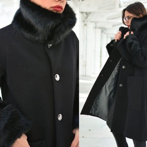 Elegante abrigo de invierno de cuello alto con detalles de piel sintética, abrigo de lana negro, abrigo cálido para mujer, abrigo de cuello alto, ropa de talla grande, abrigo largo holgado