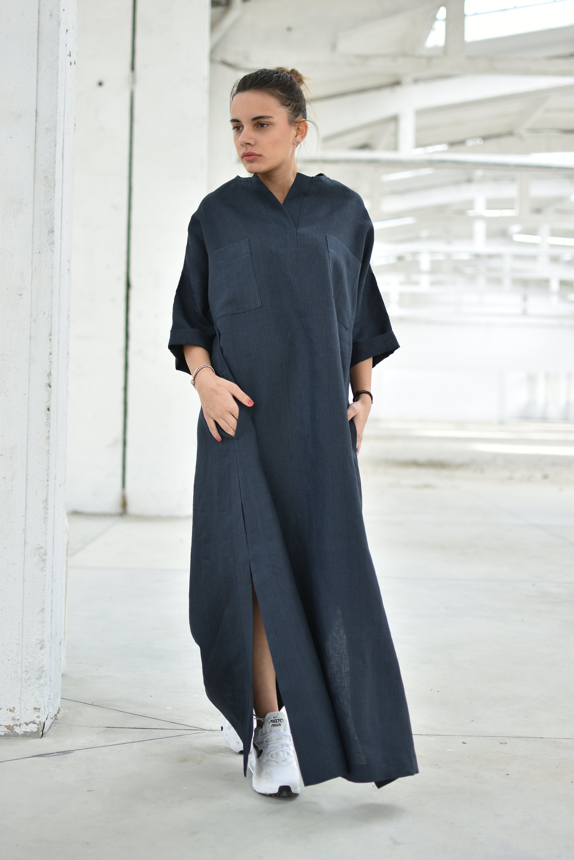 Linen Maxi Dress Kaftan Dress Plus Size Linen Linen Slit | Etsy