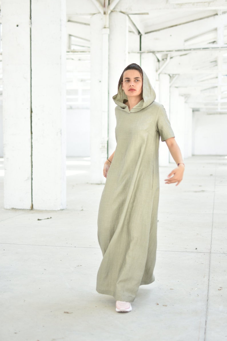 Linen Hooded Dress, Plus Size Maxi Dress, Boho Kaftan Dress, Loose Fit Dress, Women Caftan Dress, Larp Dress, Short Sleeve Dress image 2