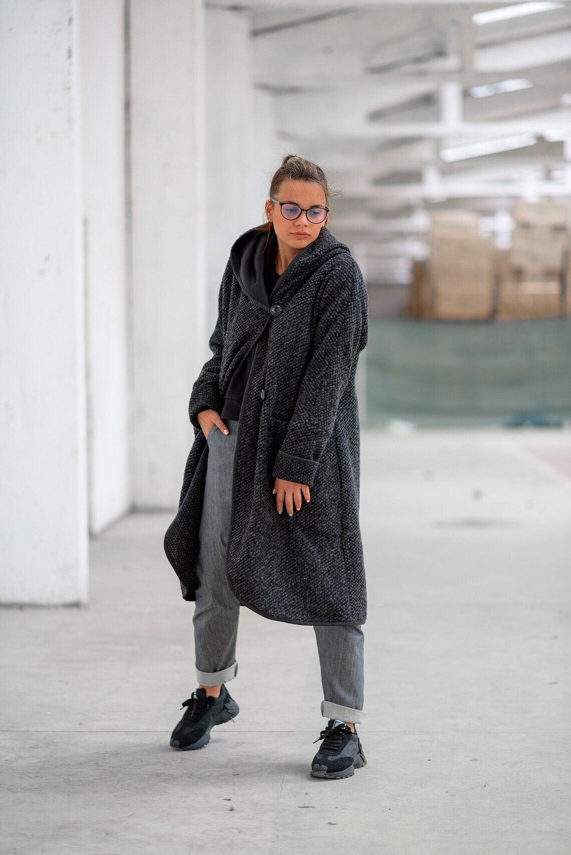 Wool Hooded Midi Coat, Winter Cardigan Coat, Black Mohair Cardigan