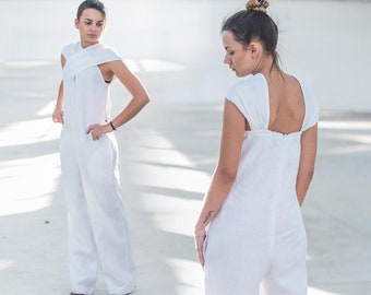 White Linen Jumpsuit For Women, Linen Clothing, Plus Size Linen, Open Back Jumpsuit, Linen Overall, Extravagant Jumpsuit, Loose Jumpsuit