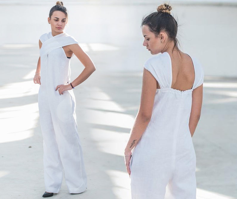 White Linen Jumpsuit Open Back Jumpsuit Linen Overall Etsy