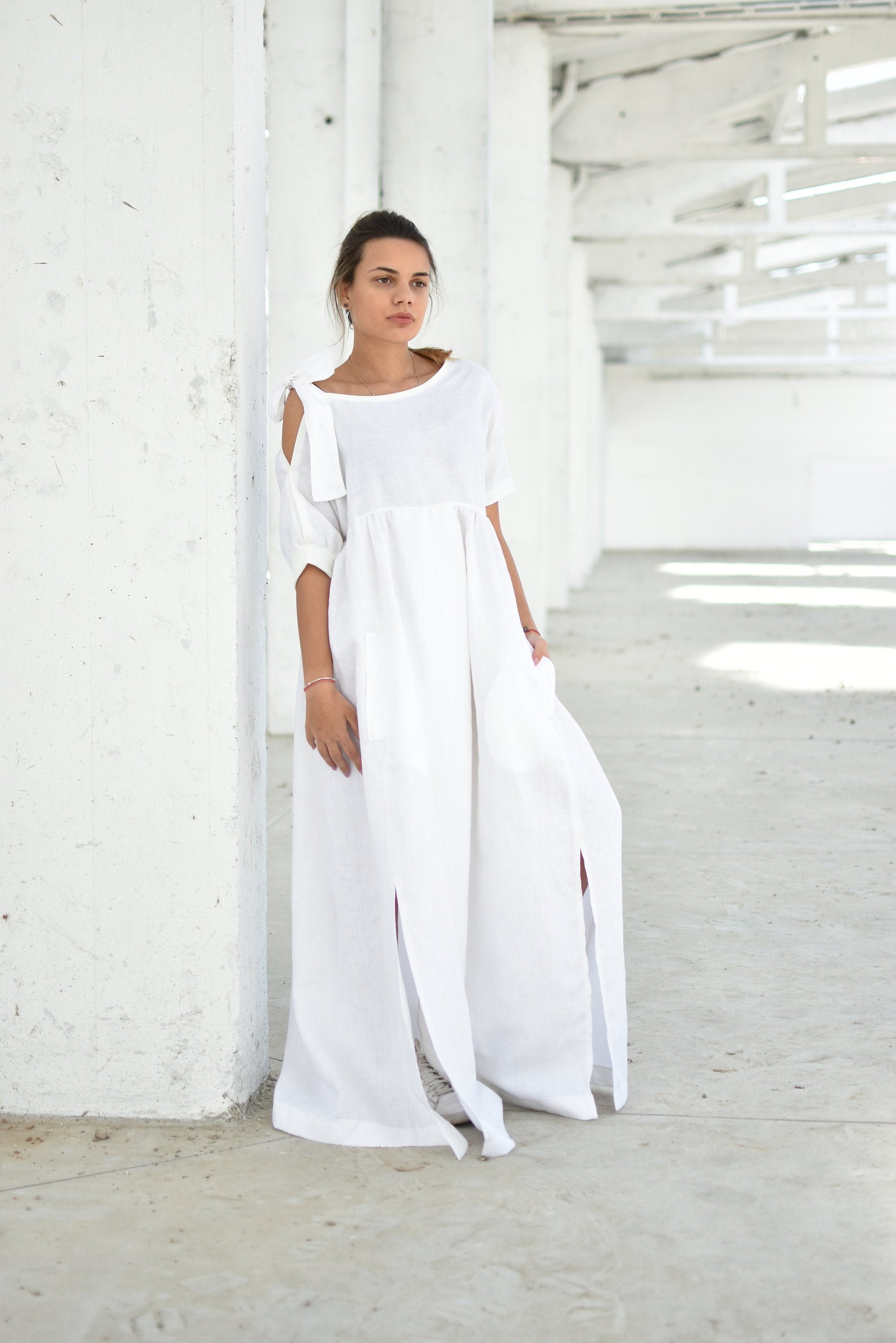 green emerald velvet dress Momyknows White Front Tie Up Deep V-Neck Lantern Sleeve Loose Sundress Elegant Vacation Baby Moon Flowy Boho Maternity Photoshoot Baby Shower Maxi