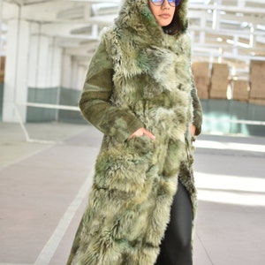 Faux Fur Warm Winter Coat, Hooded Long Overcoat, Plus Size Maxi Coat, Green Floor Length Coat, Fluffy Coat with Pockets image 3