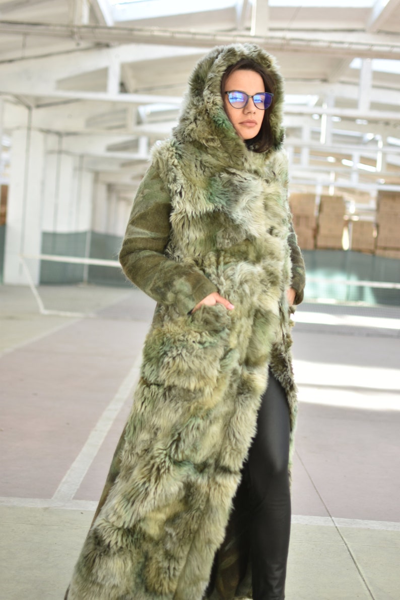 Faux Fur Warm Winter Coat, Hooded Long Overcoat, Plus Size Maxi Coat, Green Floor Length Coat, Fluffy Coat with Pockets image 3