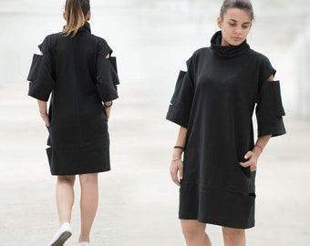 Black Dress With Statement Sleeves, Futuristic Clothing, Little Black Dress,  Spring Dress, Avant Garde Dress, Pocket Dress, Cocktail Dress