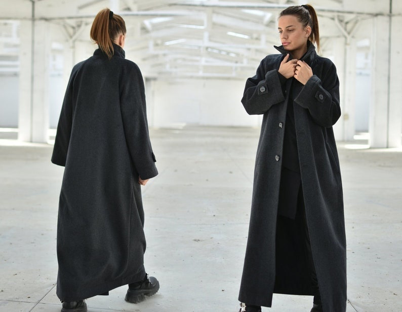Grey Winter Wool Coat, High Neck Maxi Coat, Women Wool Grey Winter Wool Coat, High Neck Maxi Coat, Women Wool