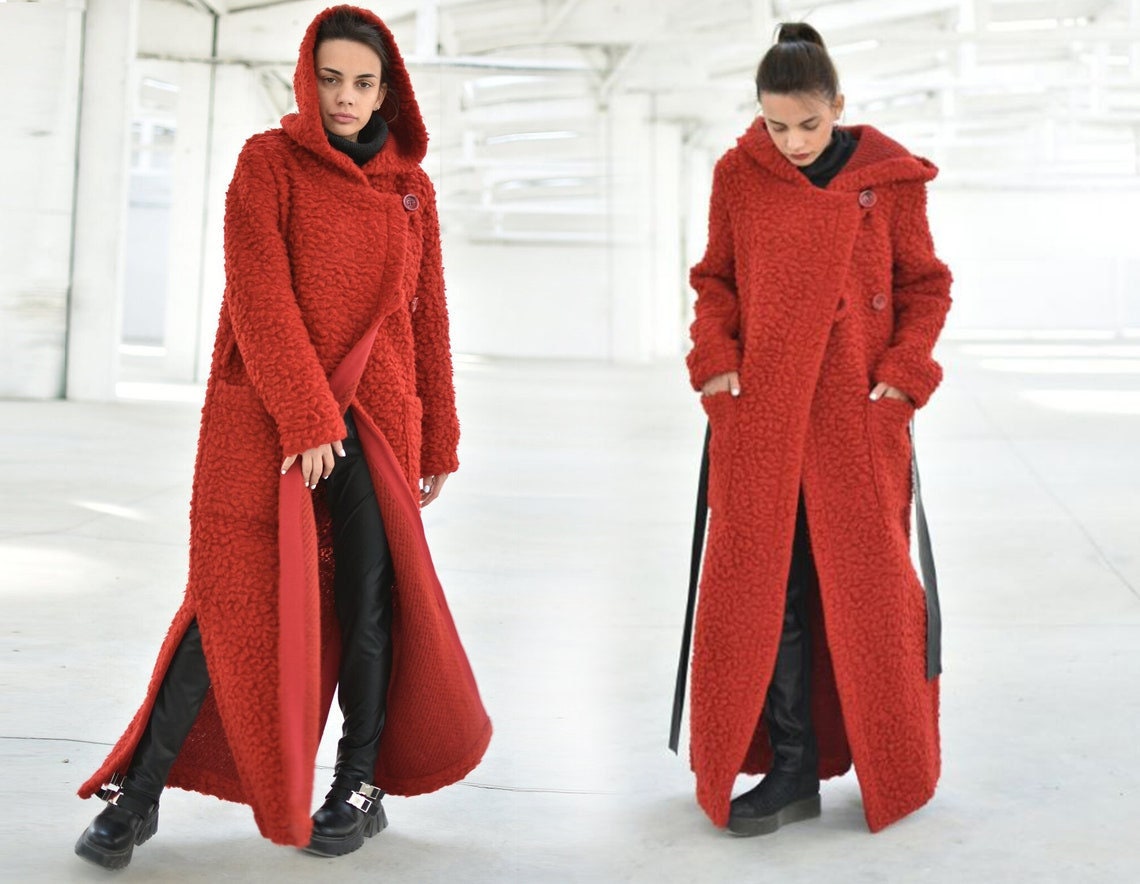 Red Wool Fleece Long Coat, Coat, Oversized Wintercoat Coat, Winter Clothing, Fuzzy Long Riding - Hood, Etsy Maxi Hooded Red Coat, Belted Warm Women