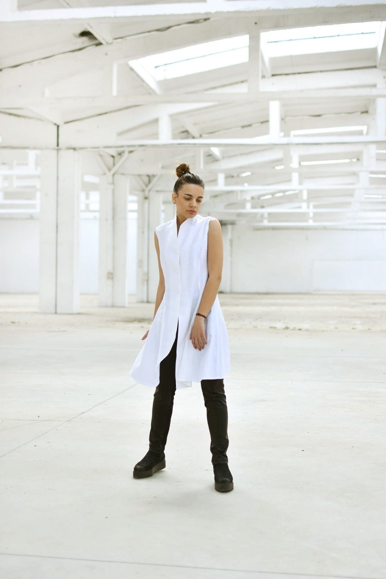 Linen Asymmetrical Top, Japanese Clothing, Summer Vest, Linen Tunic Top, Button Down Tunic, Linen Clothing, High Collar Top, Avant Garde image 1