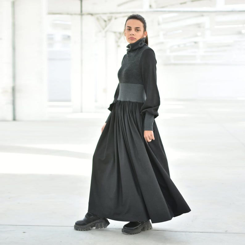 Wool Winter Turtleneck Dress, Black Women Maxi Dress, Long Flare Dress, Knitwear Warm Clothing, Extravagant Designer Dress image 1