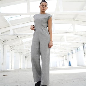 Macacão de linho elegante, macacão xadrez, roupas plus size, macacão formal, macacão de perna larga, macacão cinza, roupa para convidada de casamento