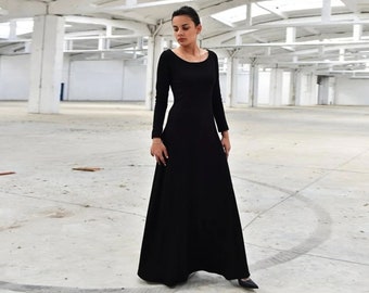 Zwarte jurk voor dames, gotische maxi-jurk, zwarte maxi-jurk, gotische jurk, plus size kleding, lente lange mouw jurk, Boho kleding