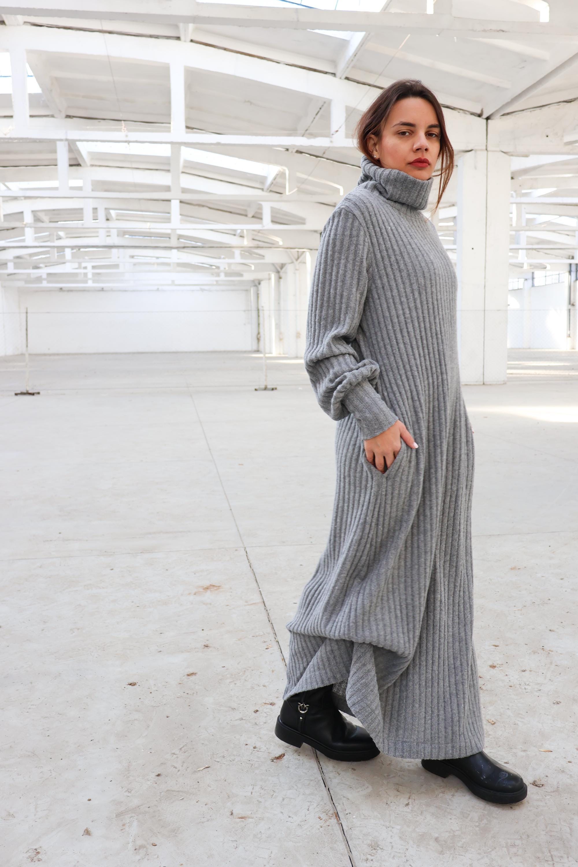 grey long sweater dress Gray Off-Shoulder Sweater Dress for Women | Long Sleeve Ribbed Knit Maxi Dress - Elegant Bardot Formal Winter Party Bodycon Gown