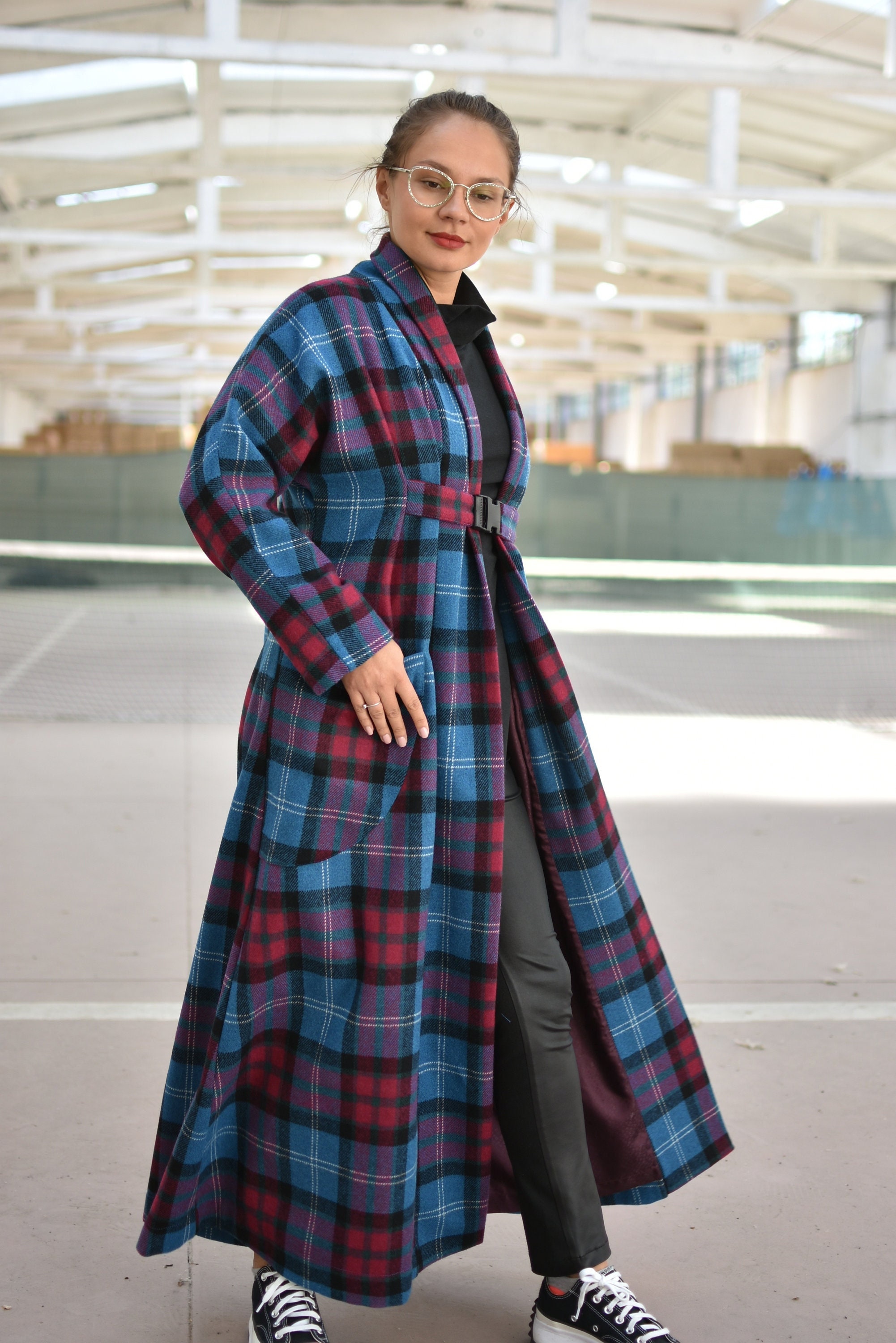 Colorful Plaid Coat, Merino Wool Coat, Long Blue & Pink
