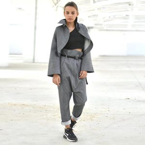 Funnel Neck Denim Jacket, Extravagant Asymmetrical Short Coat, Loose High Collar Bomber, Y3k Avant Garde Outerwear