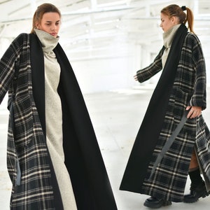 Wool Tartan Plaid Coat, Winter Maxi Cardigan Coat, Warm Slit Coat, Shawl Collar Coat, Wool Outerwear, Plus Size Clothing, Loose Long Coat