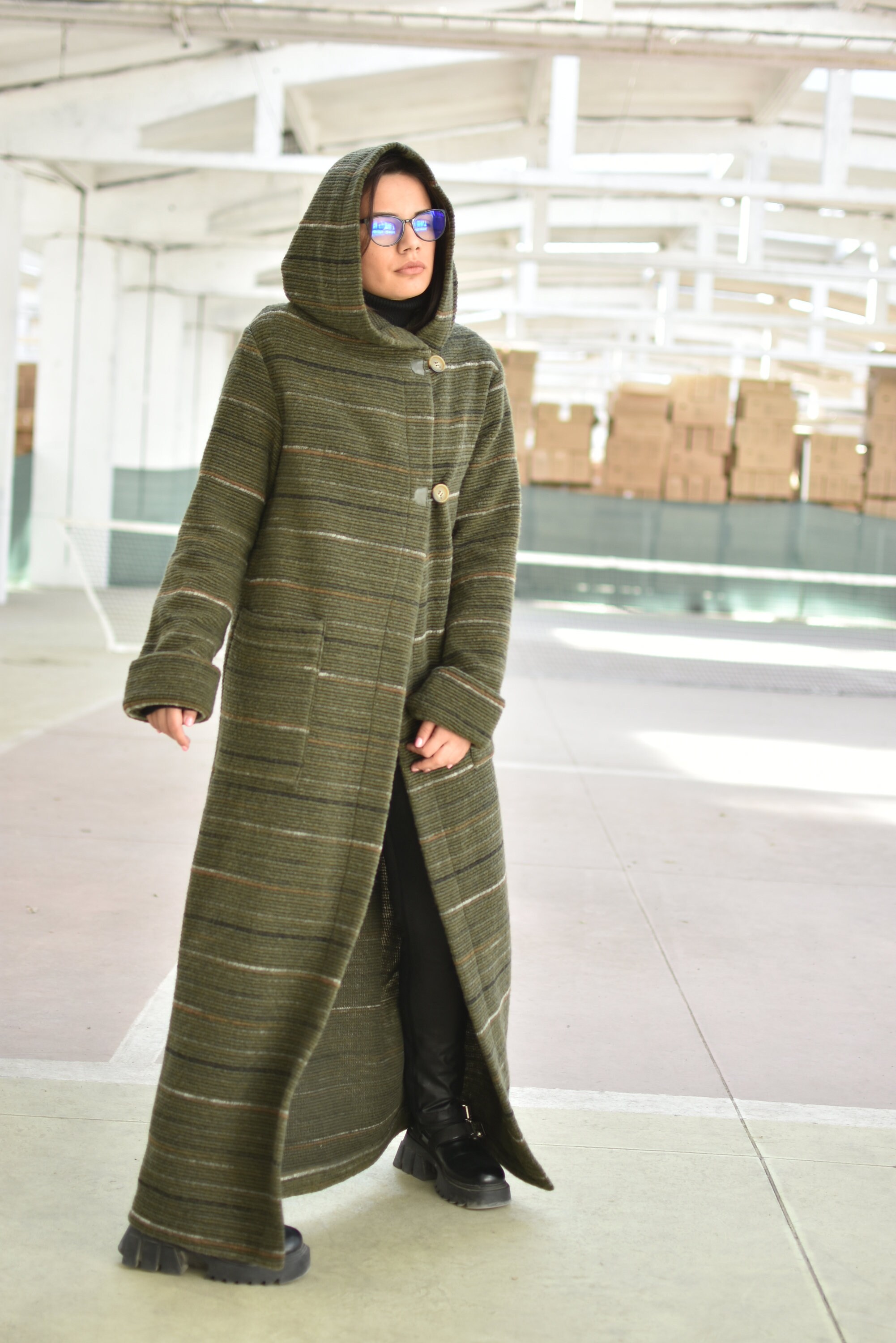 Hooded Mohair Wool Cardigan Coat, Forest Green Longline Cardigan