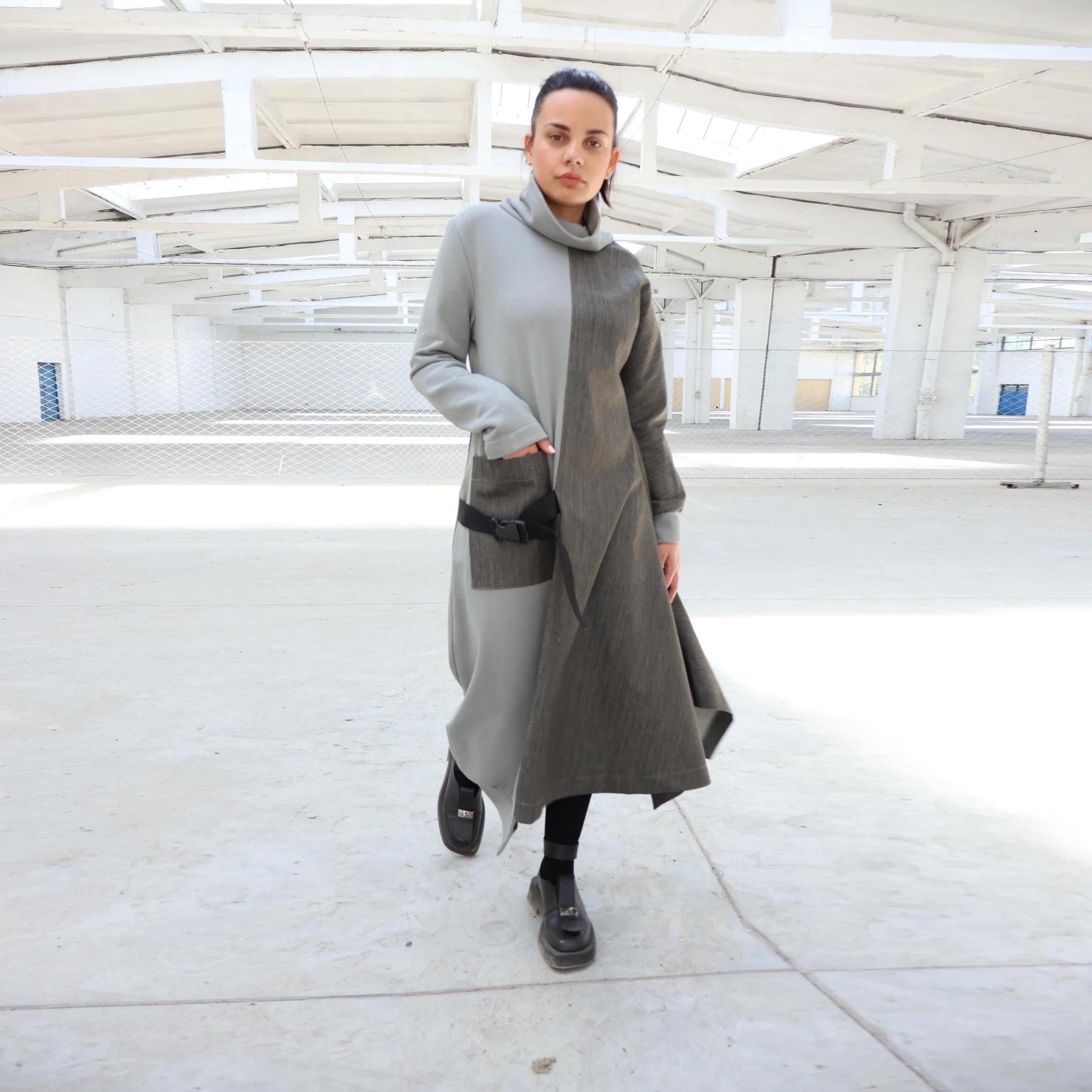 Avant Garde Denim Maxi Dress, Turtleneck Dress, Extravagant Autumn - Winter Dress, Two Color Dress, Asymmetric Flare Dress, Denim Clothing