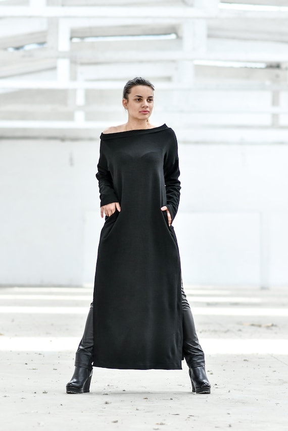 Black Wool Maxi Dress Winter Sweater Dress Warm Boat Neck Tunic Dress Gothic Clothing Plus Size Tunic Dress Long Sleeve Slit Dress Etsy UK