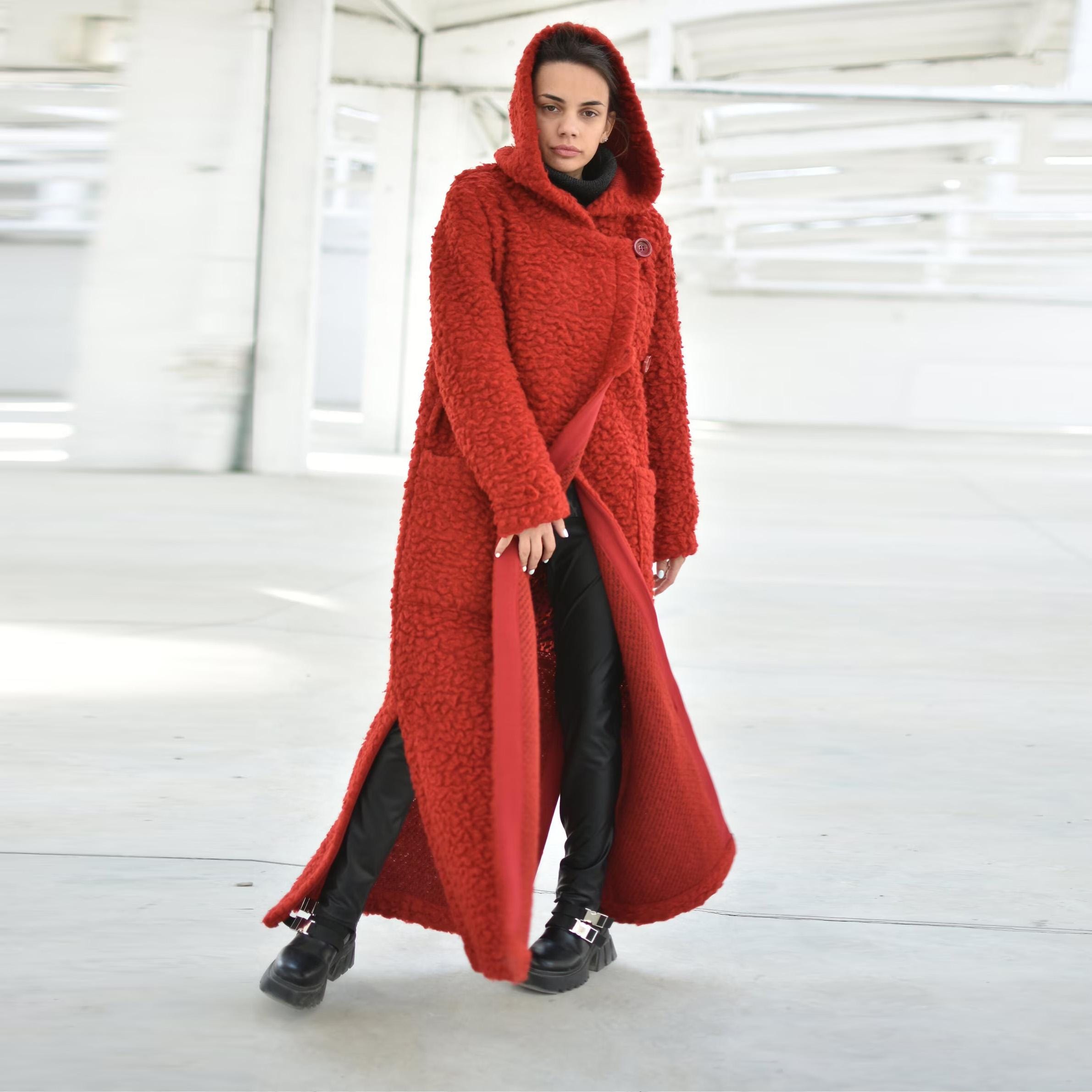 Red Wool Fleece Coat, Maxi Hooded Fuzzy Coat, Warm Winter Clothing