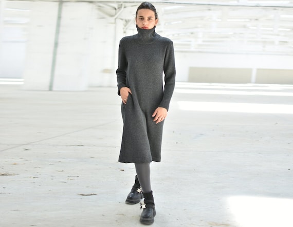 Winter Turtleneck Dress, Wool Sweater Dress, Gray Minimalist Dress, Long  Knit Dress, Midi Dress, Casual Dress, Plus Size Dress Women