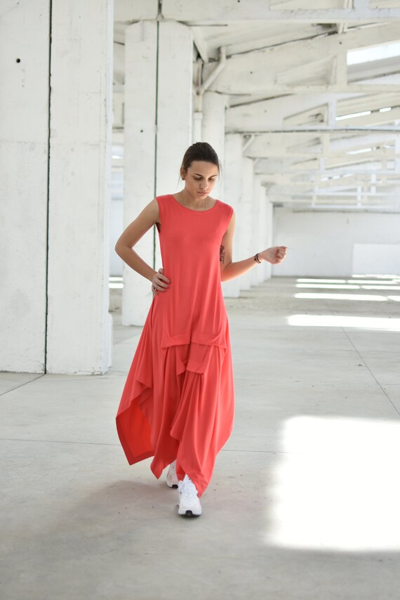 Coral Avant Garde Flowy Asymmetric Dress for Summer, Long Sleeveless  Futuristic Everyday Loose Cotton Sundress for Women, Plus Sizes - Etsy