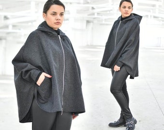 Wool Cloak Coat With Lining, Short Coat, Cape Coat, Oversize Coat, Winter Cloak, Wool Overcoat Cloak, Plus Size Clothing, Hooded Cloak
