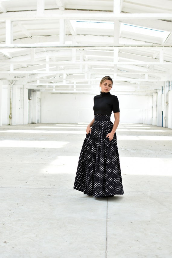 Maxi Black Skirt Polka Dot Skirt High Waisted Skirt Flare Etsy