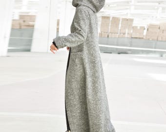 Mohair Wool Maxi Cardigan Coat with Hood, Oversized Gray Extra Long Coatigan, Plus Size Knit Jacket for Women