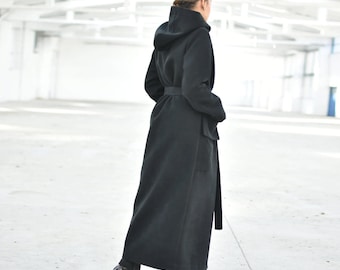Black Wool Maxi Coat, Hoodie. Saks 5th Ave. Vintage 80's