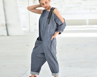 Harem Denim Jumpsuit with Drop Shoulder, Drop Crotch Jumpsuit, Curvy Overall, Women Romper Plus Size, Loose Fit Jumpsuit, Denim Clothing