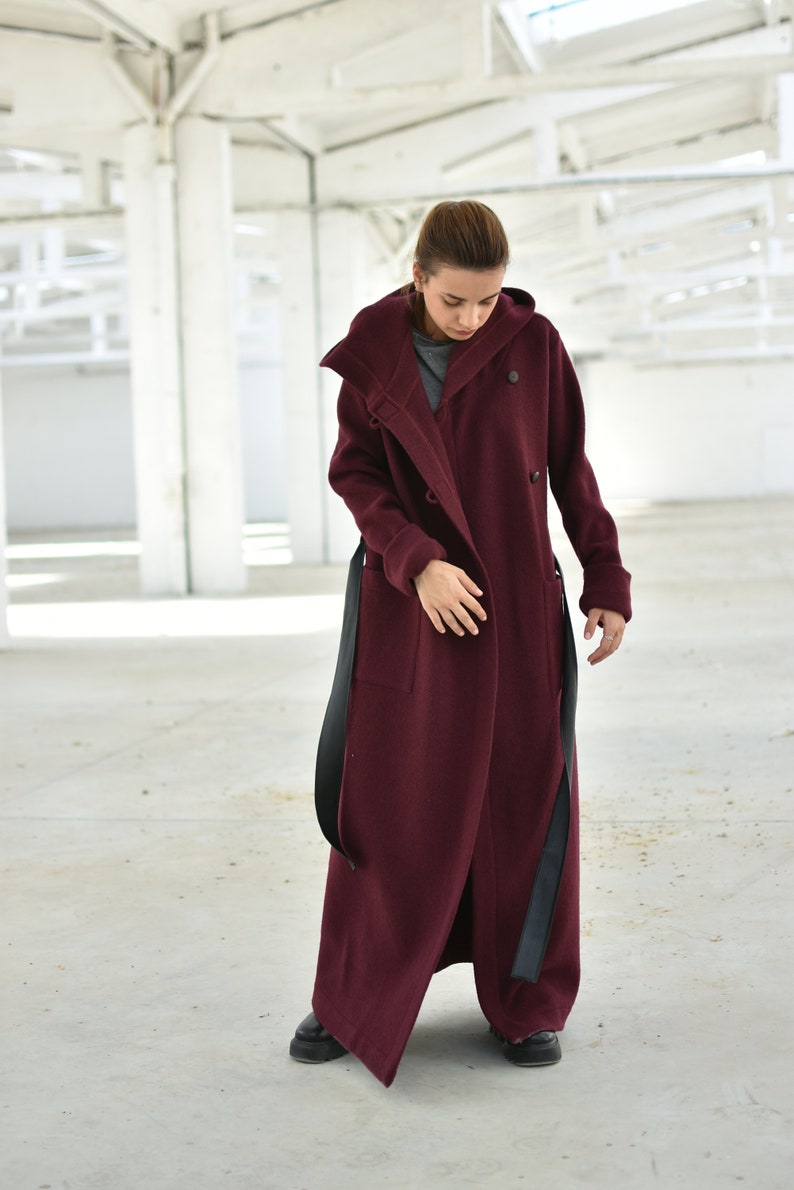 Hooded Maxi Cardigan Coat, Burgundy Merino Wool Cardigan, Extra Long Winter Cardigan Coat, Plus Size Clothing, Wine Red Belted Coat image 6