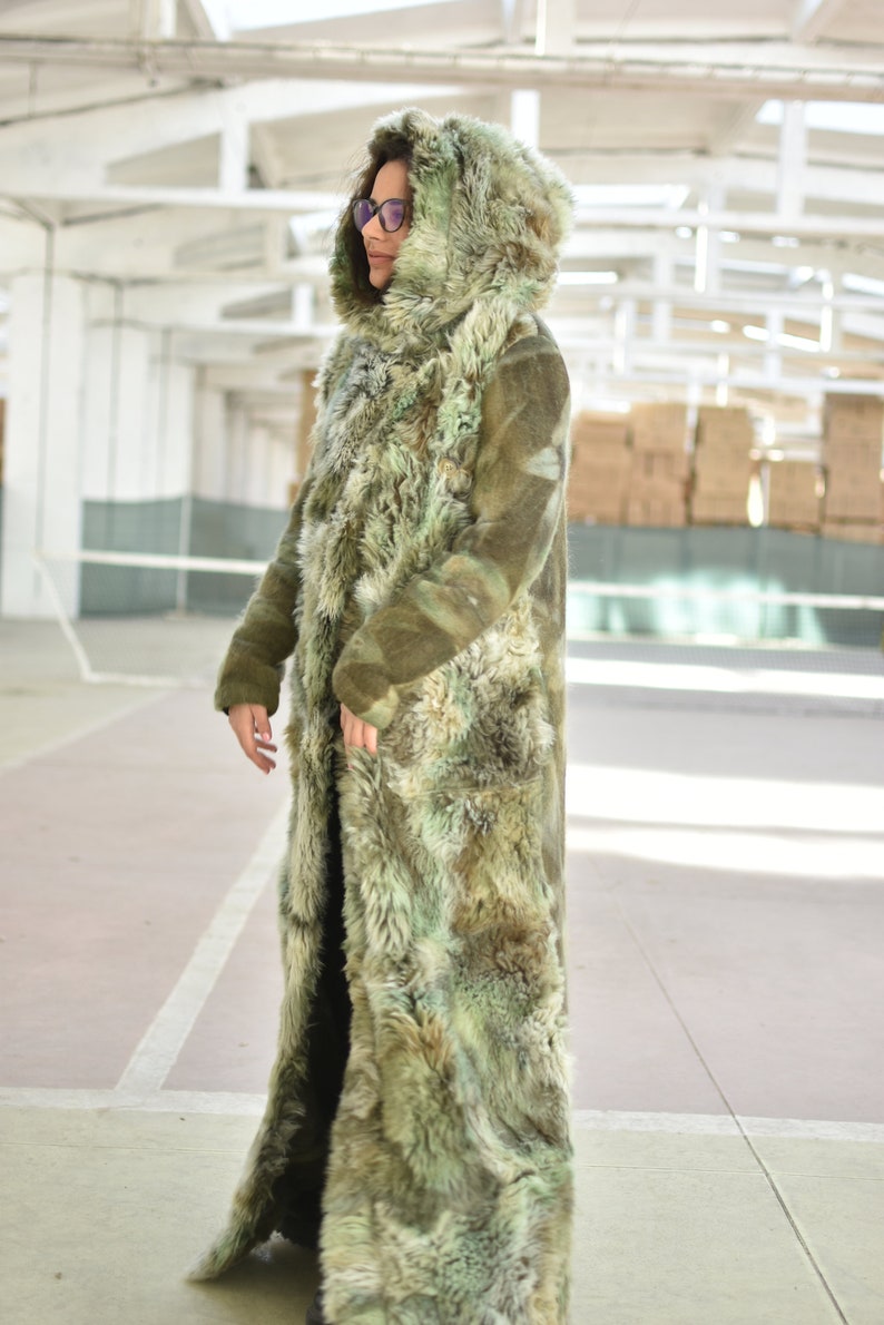 Faux Fur Warm Winter Coat, Hooded Long Overcoat, Plus Size Maxi Coat, Green Floor Length Coat, Fluffy Coat with Pockets image 7