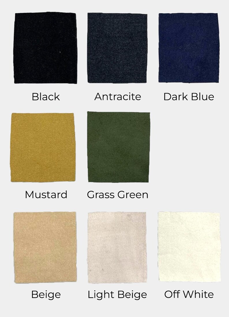 K&ouml;nnte beinhalten: Neun Stoffmuster in verschiedenen Farben: Schwarz, Anthrazit, Dunkelblau, Senf, Grasgr&uuml;n, Beige, Hellbeige und Wei&szlig;.