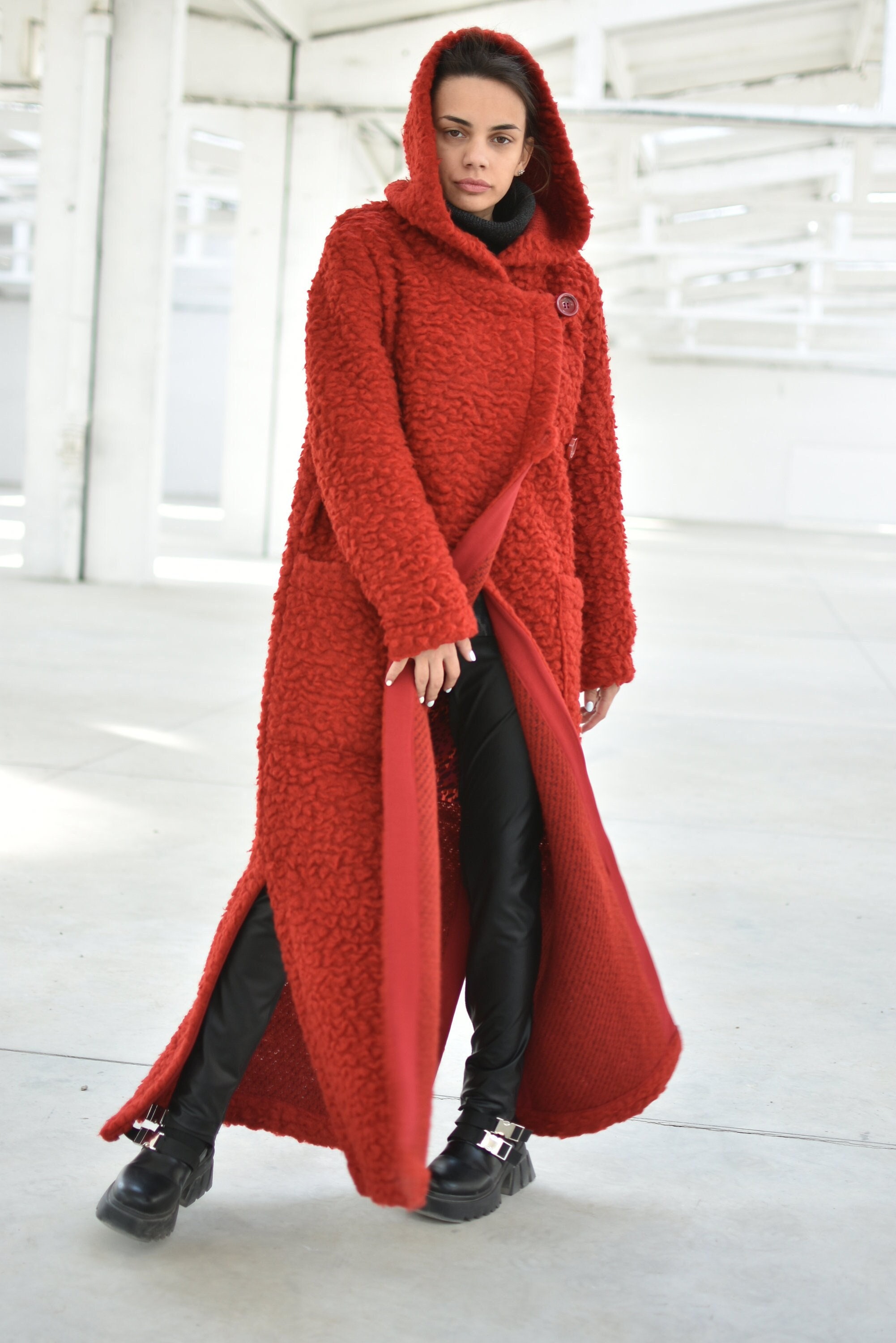 Red Wool Fleece Coat, Maxi Hooded Fuzzy Coat, Warm Winter Clothing