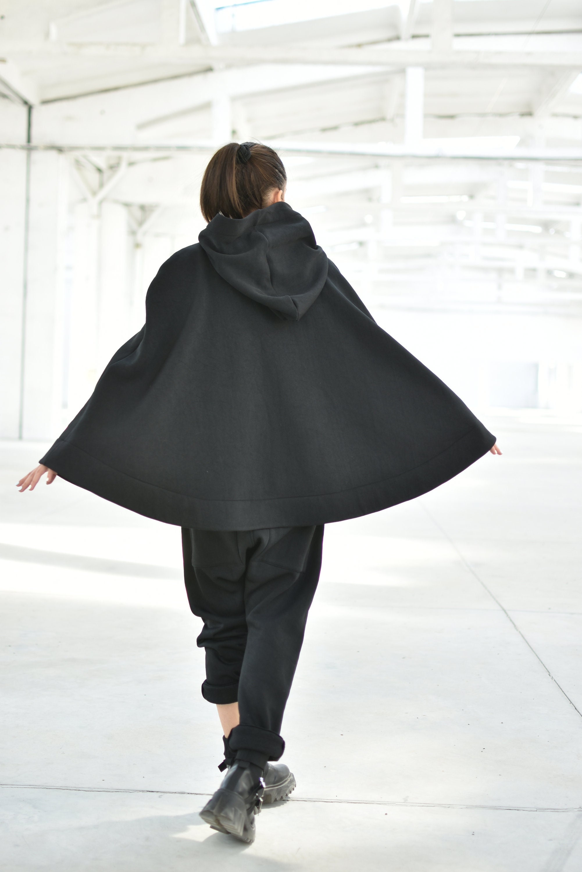 楽天 送料無料にならない and Poncho Hooded Black Set Black Winter Pants, Harem Clothing