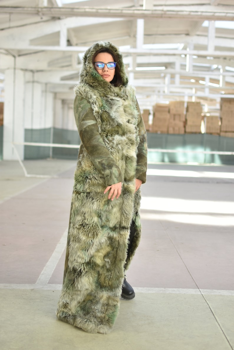 Faux Fur Warm Winter Coat, Hooded Long Overcoat, Plus Size Maxi Coat, Green Floor Length Coat, Fluffy Coat with Pockets image 8