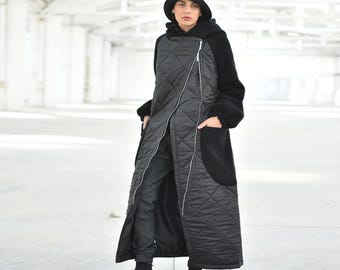 Black Quilt Coat, Hooded Cyberpunk Winter Jacket, Avant Garde Overcoat, Women Wool Maxi Coat With Pockets, Gothic Coat, Plus Size
