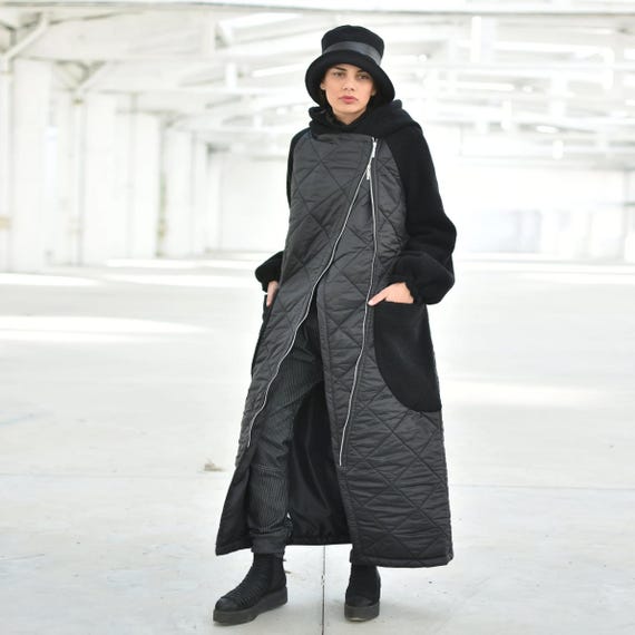 Black Quilt Coat, Hooded Cyberpunk Winter Jacket, Avant Garde