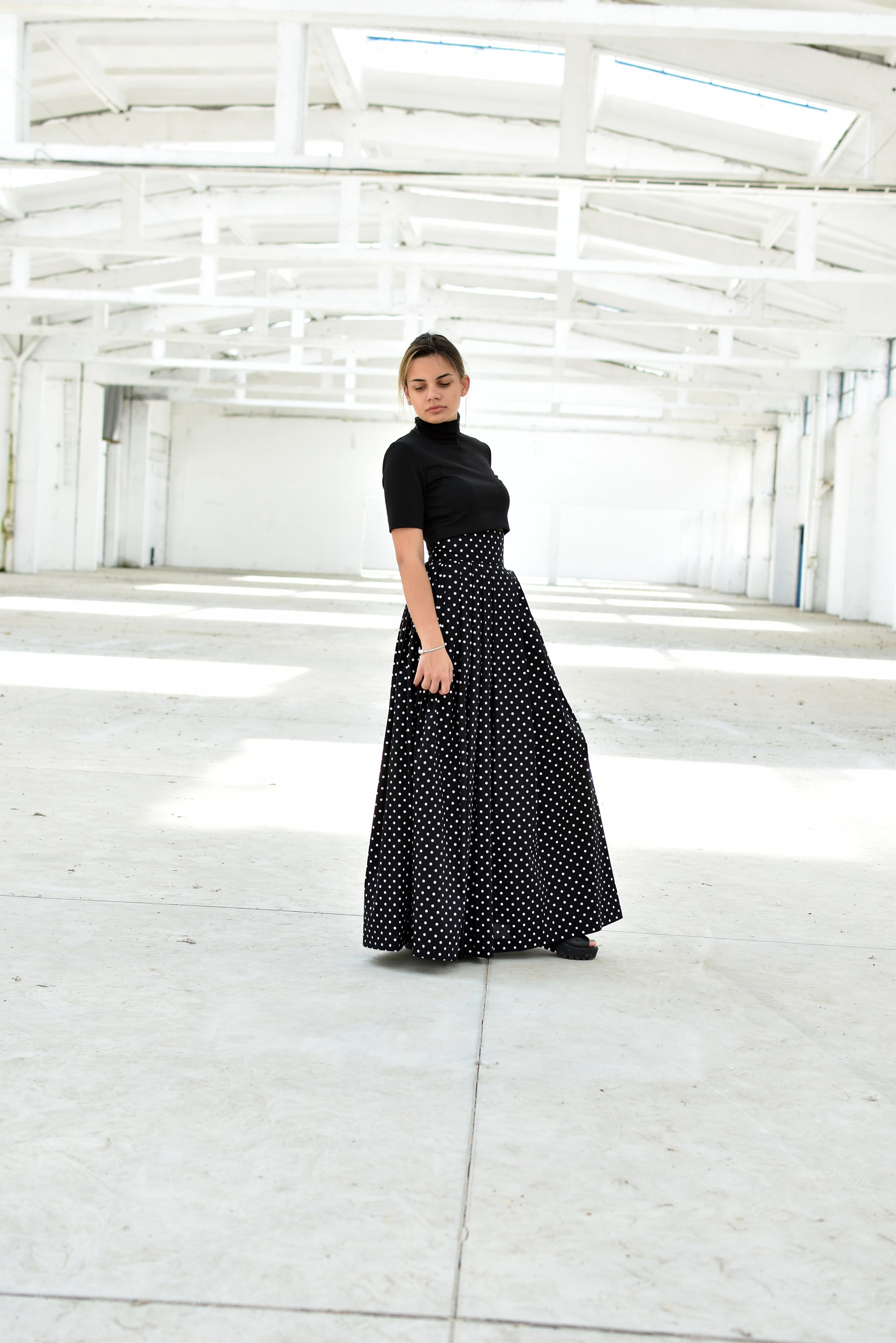 High Waisted Skirt, Maxi Black Skirt, Polka Dot Skirt, Flare Skirt
