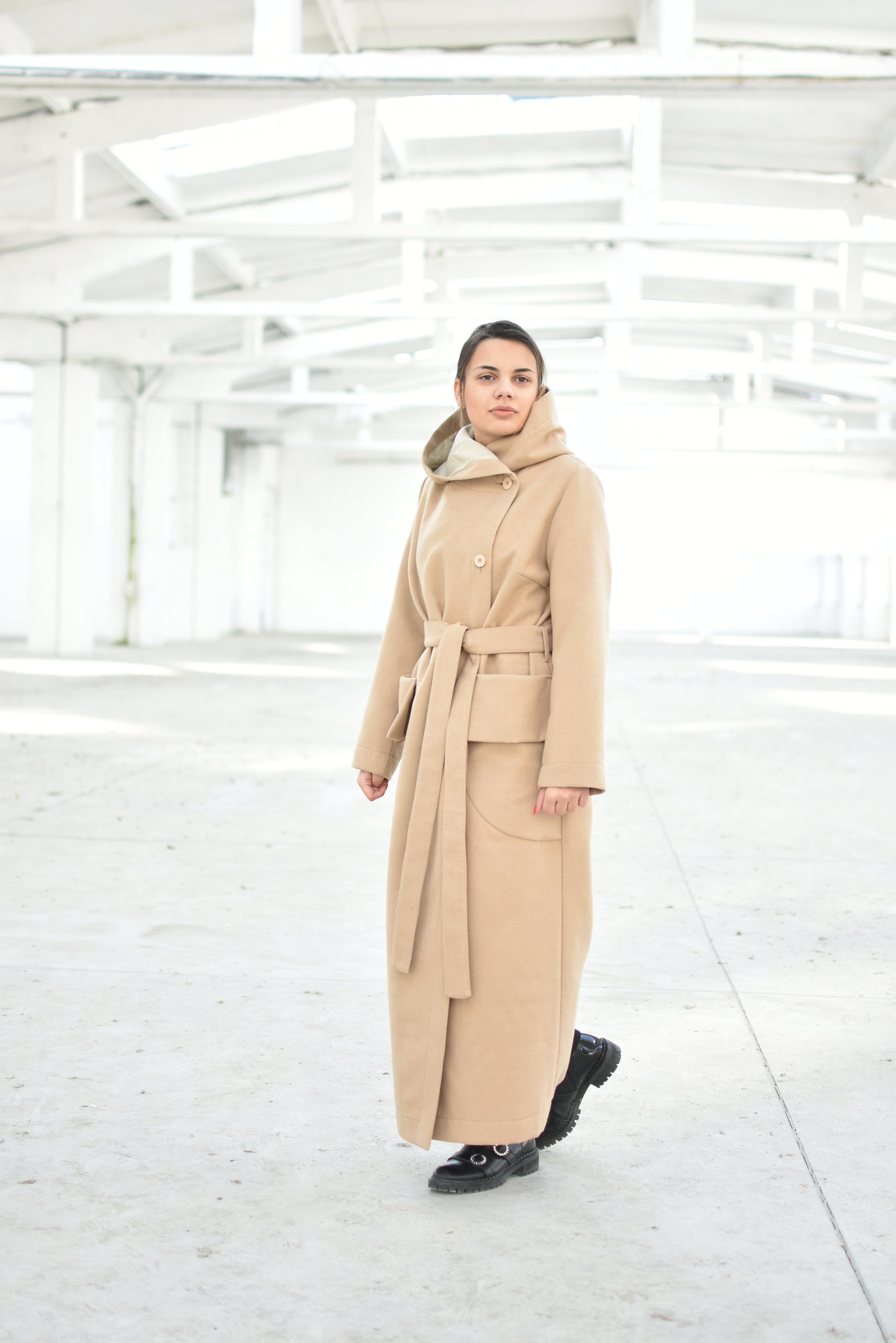 Long Hooded Coat, Beige Maxi Coat With Pockets, Warm Winter Coat