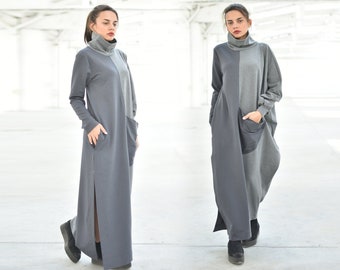 Grey Color Block Sweater Dress, Turtleneck Winter Dress, Women Maxi Dress, Avant Garde Dress, Long Loose Winter Dress, Women Loungewear