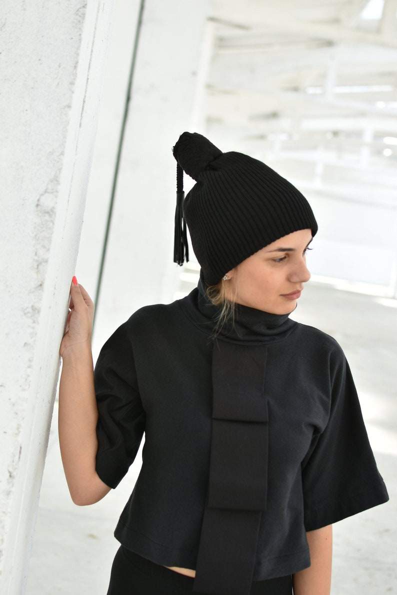 Winter Hat, Wool Tassel Hat, Avant Garde Hat, Designer Accessories, Futuristic Hat, Wool Knit Hat, Beanie Hat, Slouchy Hat, Handmade Hat image 3
