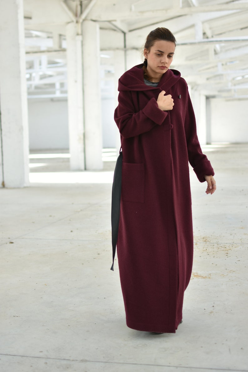 Hooded Maxi Cardigan Coat, Burgundy Merino Wool Cardigan, Extra Long Winter Cardigan Coat, Plus Size Clothing, Wine Red Belted Coat image 4