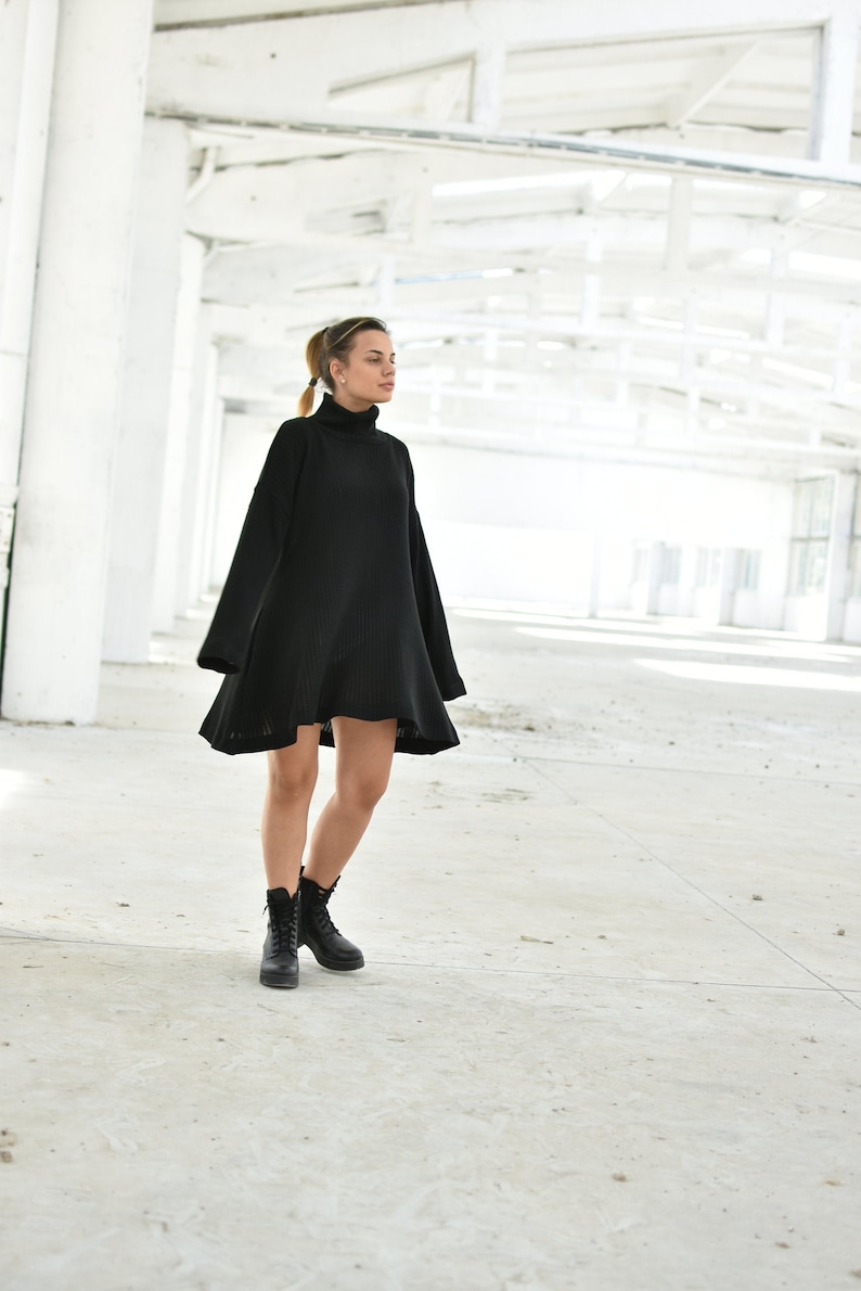 Black Winter Sweater Dress, Wool Turtleneck Dress, Asymmetrical Dress, Oversize Sweater Dress, Wool Clothing, Loose Avant Garde Dress image 1