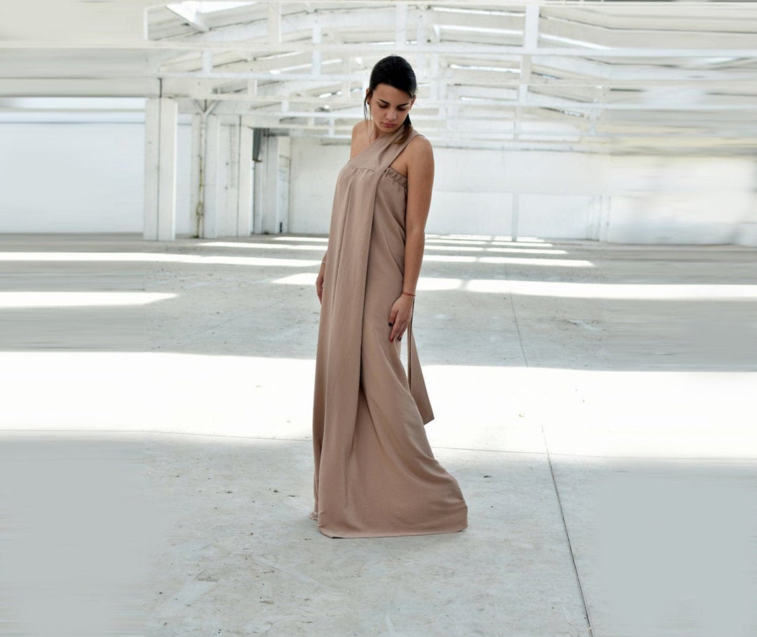 Wedding Guest Dress, Nude Maxi Dress, Summer One Shoulder Dress
