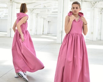 Linen Hooded Dress, Pink Summer Maxi Dress, Pixie Clothing, Linen Kaftan Dress, Sleeveless Dress, Plus Size Clothing, Pockets Dress, Pleated